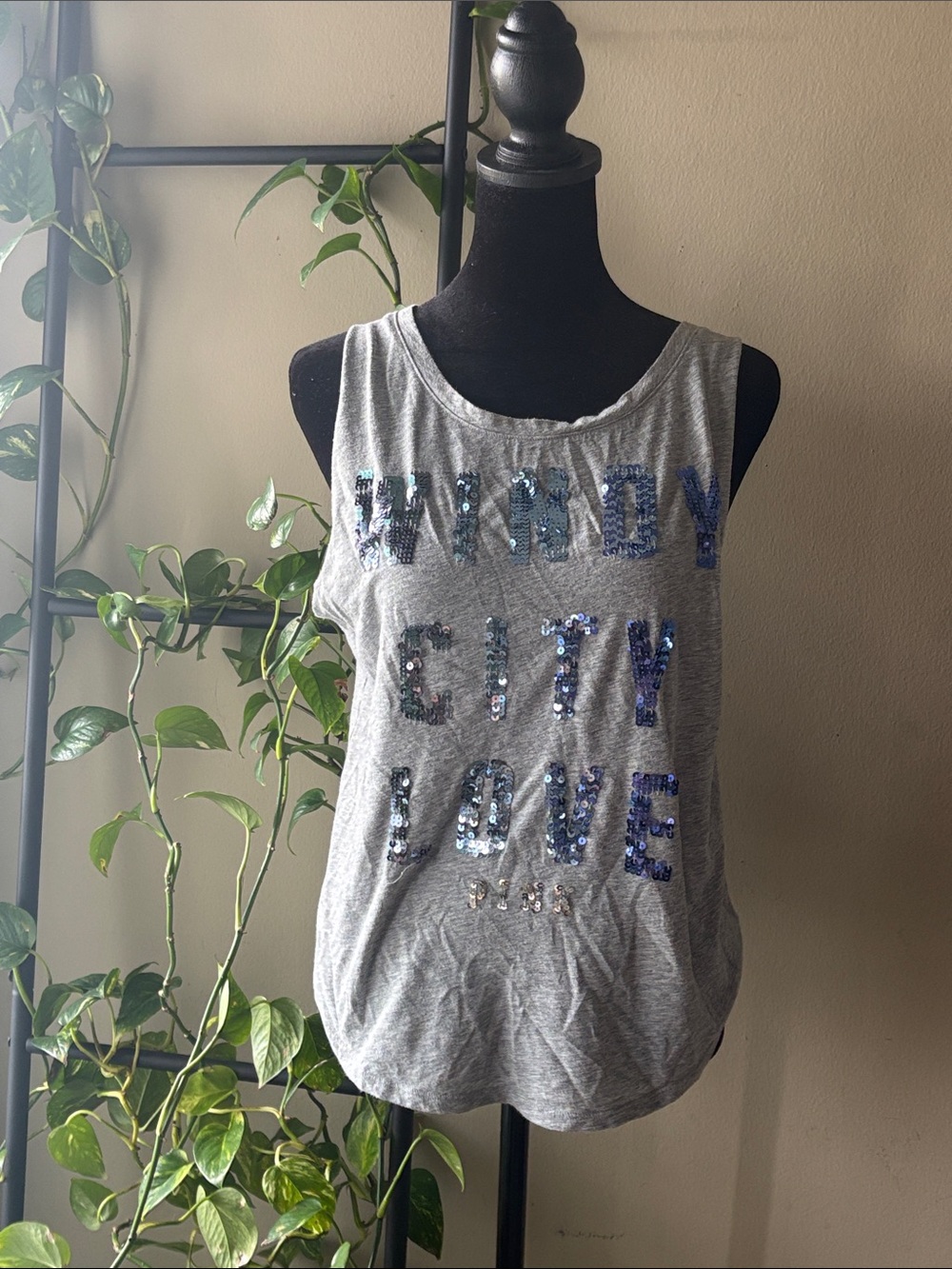 PINK Victoria's Secret Grey Tank with Blue Sequin Lettering